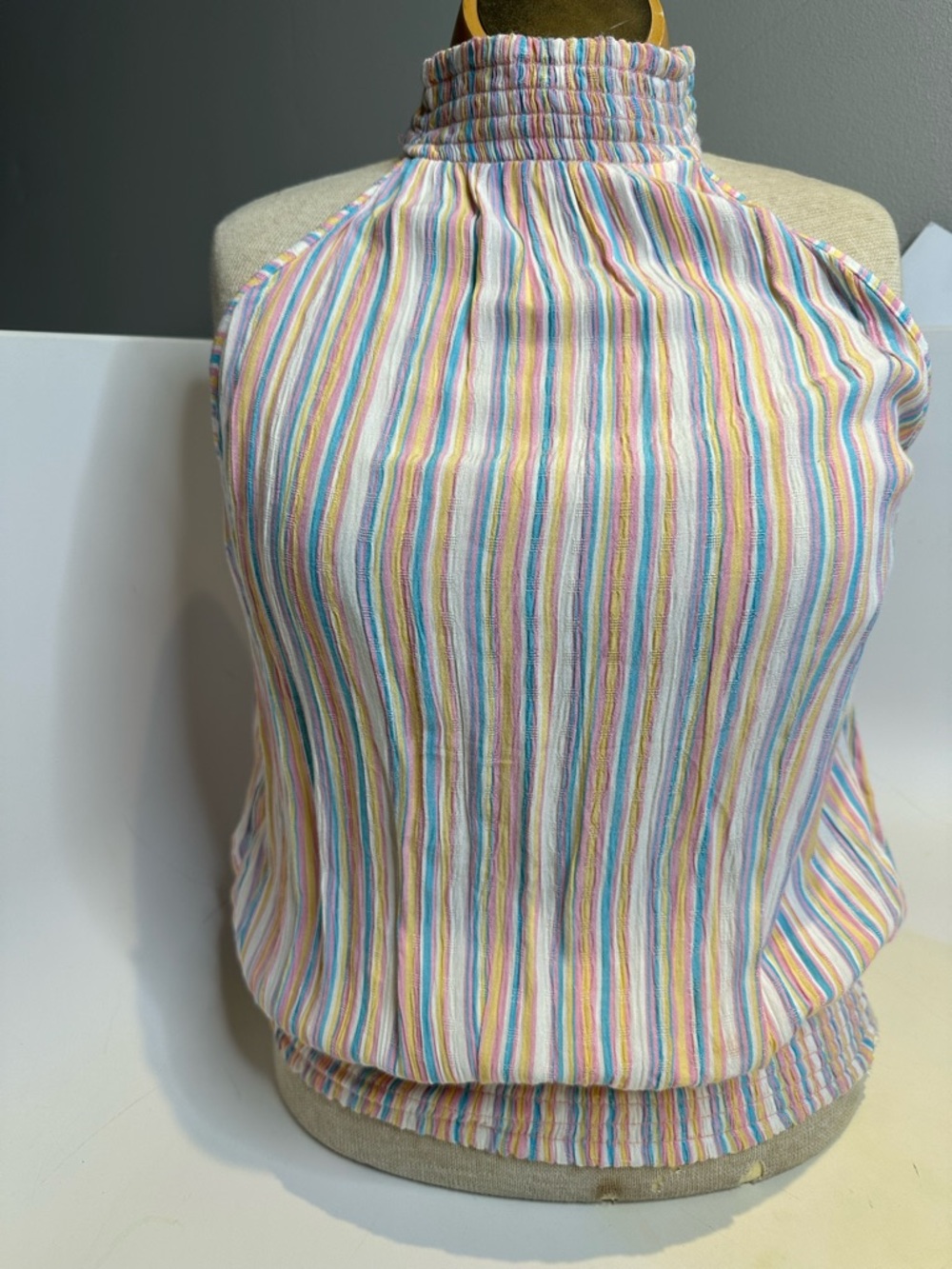 Angie Pastel Multistripe Smocked Halter Tank